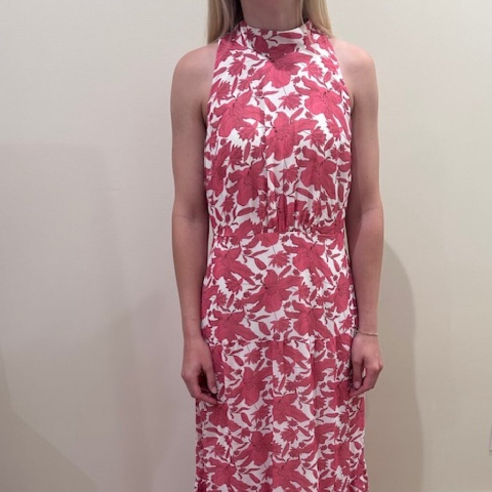 Sam Edelman High Neck Tie Back Midi Dress - Salmon/White Floral, Size 12 l NWT